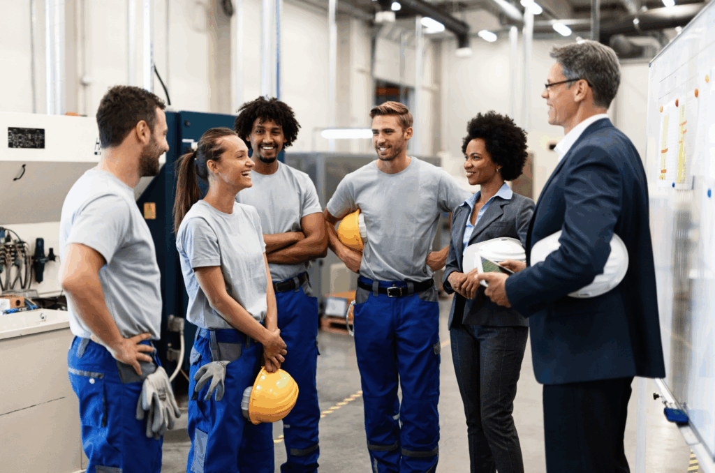 Blue collar workers with boss